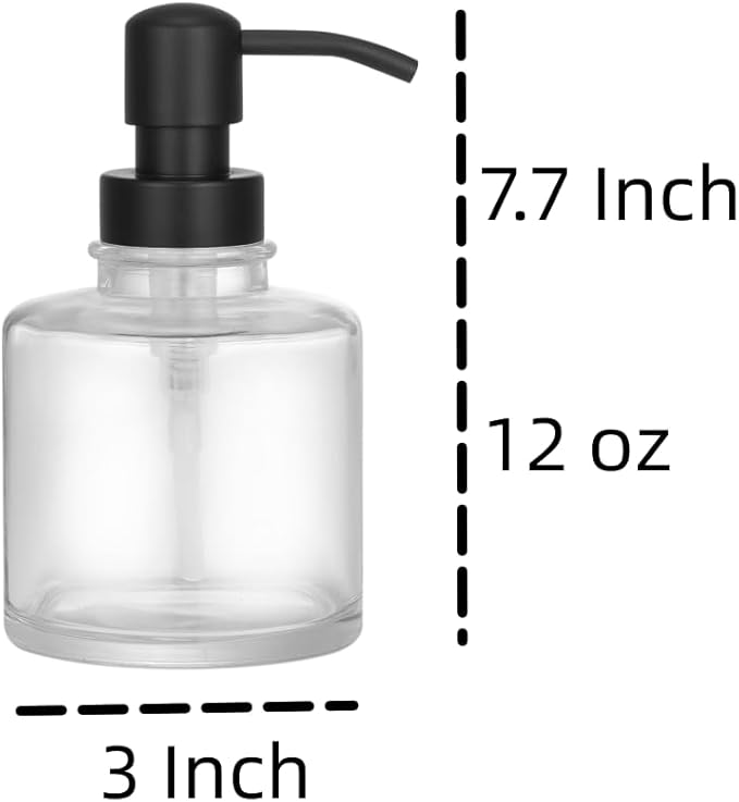 2-Pack Clear Glass Soap Dispensers with Matte Black Stainless Steel Pumps, 12 oz Refillable Bottles for Kitchen & Bathroom (12oz-Black Pump)