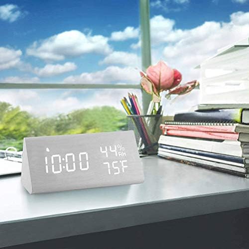 Digital Alarm Clock, Wooden Alarm Clock with Electronic LED Time Display, Humidity & Temperature Detect 3 Alarm Settings 3 Level Brightness Electric Clock for Bedroom Bedside Desk (White wood color)