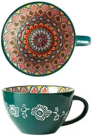 Bohemian Hand-Painted Ceramic Mug, 15 Oz Large Coffee Cup for Milk, Tea, and Breakfast, Dishwasher & Microwave Safe Artisan Cup, GM