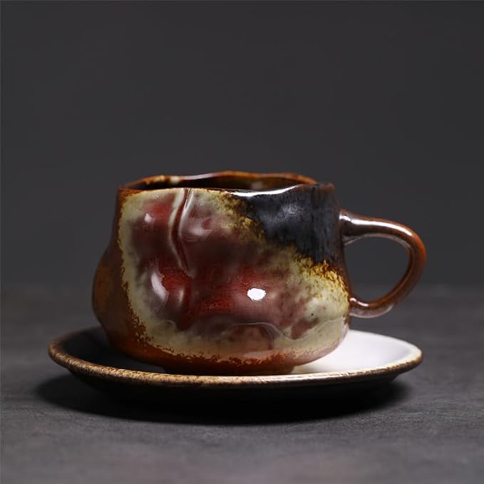 Handmade Irregular Ceramic Coffee Mug with Saucer, Kiln Flowing Glaze Wabi Sabi Latte Tea Cup Set, set of 1, 200ml (SHIGUANG04)