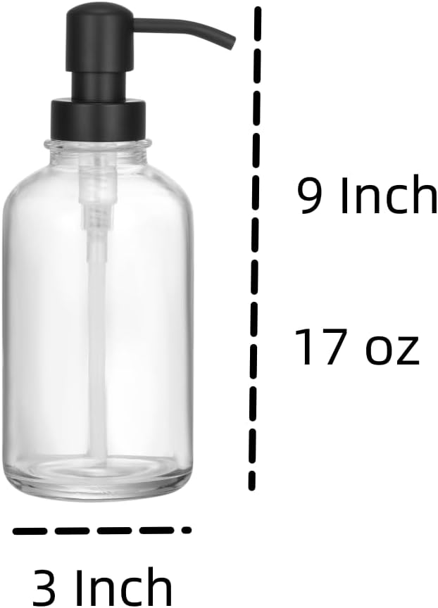 2-Pack Clear Glass Soap Dispensers with Matte Black Stainless Steel Pumps, 17 oz Refillable Bottles for Kitchen & Bathroom (17oz-Black Pump)