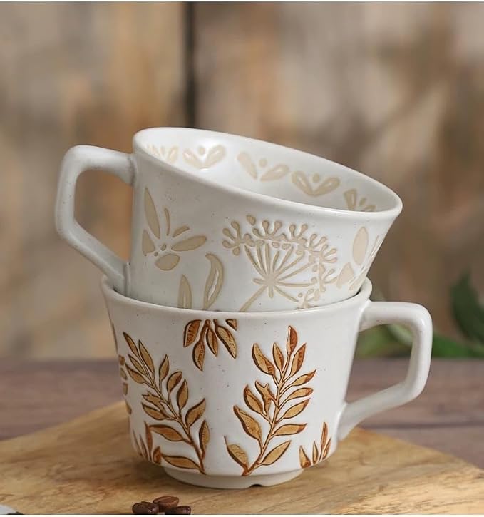 Ceramic Mug Set of 4, 11oz - Vintage Mug Cups for Coffee Milk Latte Cappuccino Tea, Porcelain Coffee Cups Set Gifts for Women Man, Farmhouse Handmade Stoneware Cups Dishwasher Microwave Safe