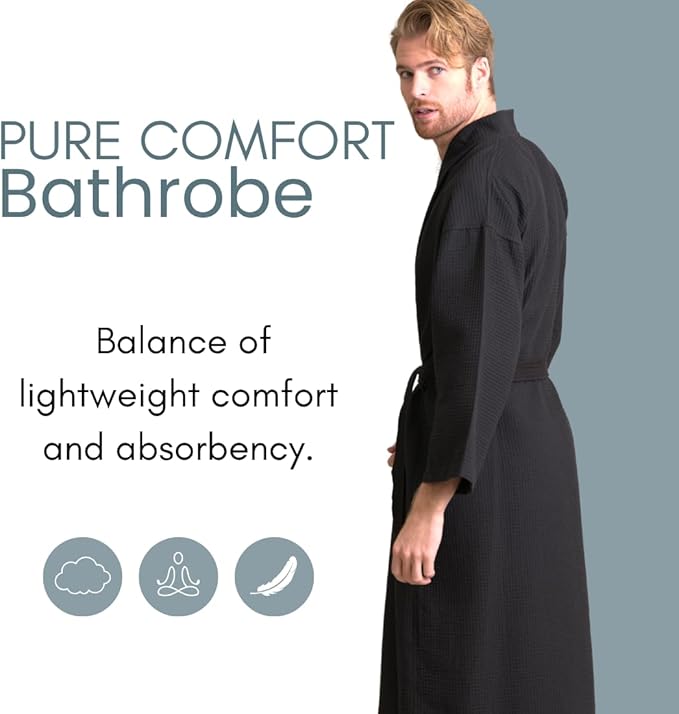 Men's Luxury Waffle Weaved Cotton Bathrobe - Lightweight & Soft - Quick Dry & Absorbent - Spa Robe for Men