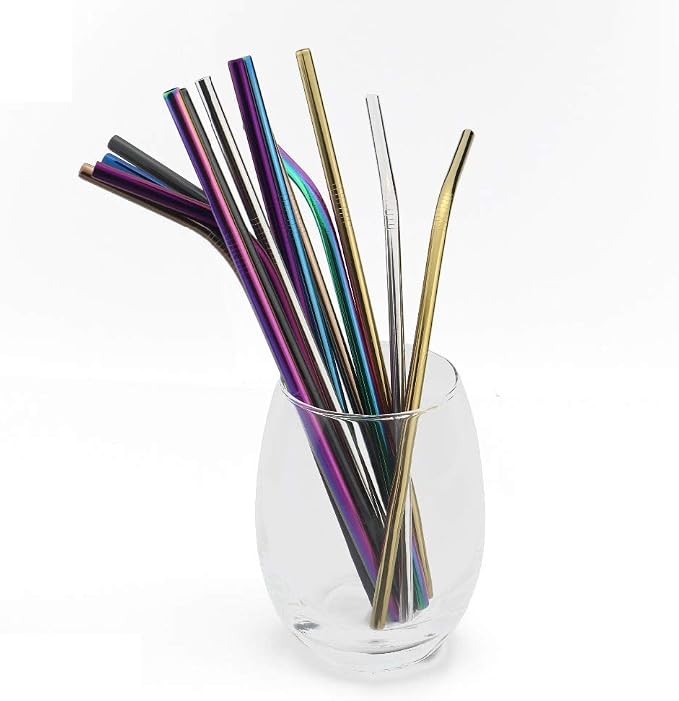 JASHII 2 Set Reusable Portable Metal Straws Stainless Steel Eco-friendly Drinking Straw with Travel Cloth Bag (4 Bent 4 Straight 2 Brush),Rose