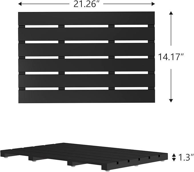 Domax Wooden Bamboo Bath Shower Mat- Non-Slip Waterproof Large Bathroom Floor Mat for Indoor Outdoor (Black, 21.26 x 14.17 x 1.3 Inches)