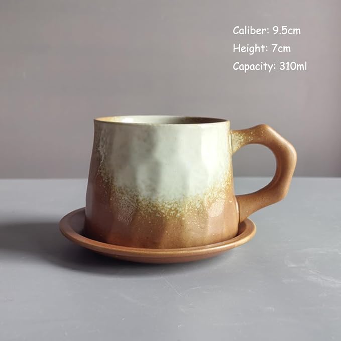 Vintage Faceted Speckled Ceramic Coffee Mug with Saucer, Rustic Stoneware Cup for Tea Latte (YF-CS06)