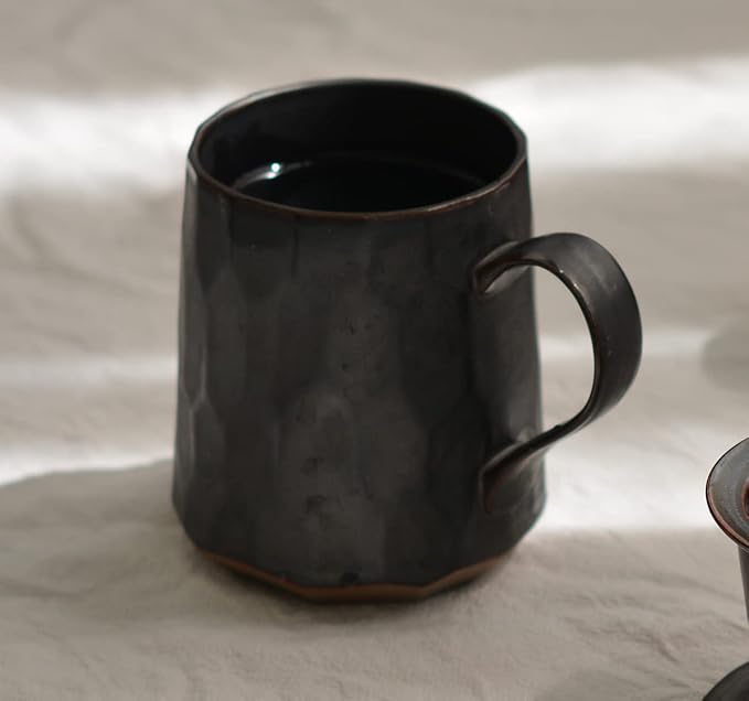 Personalized Handmade Stoneware Coffee Mug, Pottery Artisan Drinking Cup Coffee Cup, Insulated Ceramic Tea Mug for Home, Office or Gifts, Artistic Geometric, Metallic Black 14oz