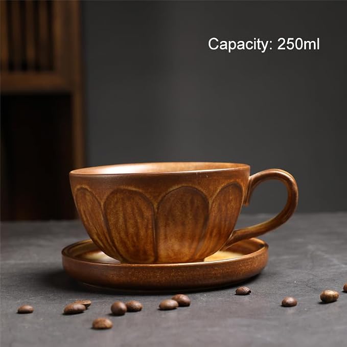 Rustic Kiln Glaze Textured Ceramic Coffee Mug with Saucer, Vintage Wabi Sabi Latte Tea Cup Multiple Styles, set of 1 (MIXED08)