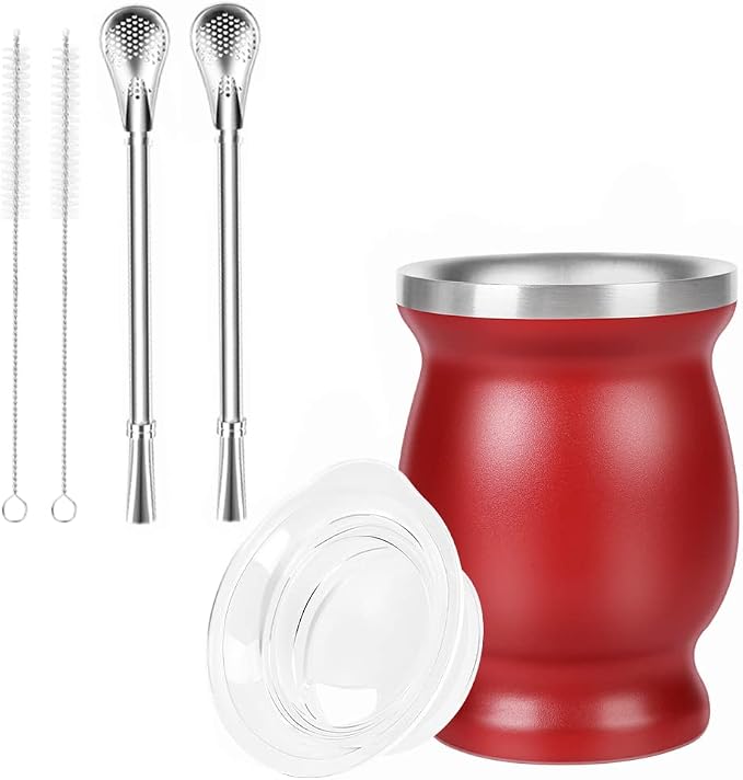 Beruth Bombilla Yerba Mate Gourd, 8oz Stainless Steel Tea Cup Set with a Multifunctional Lid, Two Straws and Cleaning Brushes, Double Walled Coffee Mug Heat Insulation Anti Scalding BR2303 (Red)