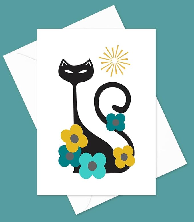 Mid Century Modern Cats Greeting Cards - Set of 10 All Occasion 5x7 Note Cards with Envelopes. Blank Inside. Assorted Modern Abstract Mid-Century Designs.