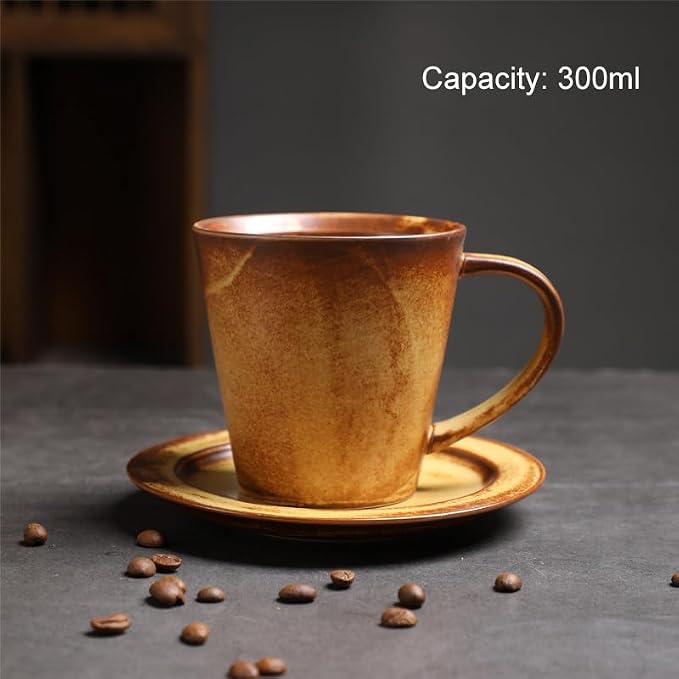 Rustic Kiln Glaze Textured Ceramic Coffee Mug with Saucer, Vintage Wabi Sabi Latte Tea Cup Multiple Styles, set of 1 (MIXED06)