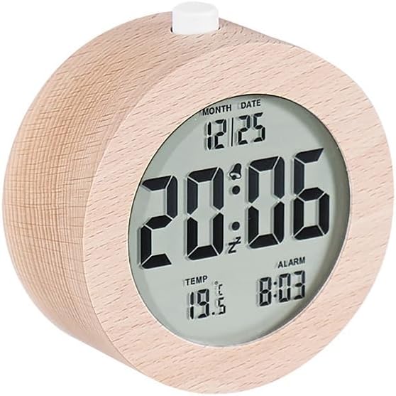 Digital Alarm Clock with LCD Display, Wooden Case, Temperature Display, Date Function (01)