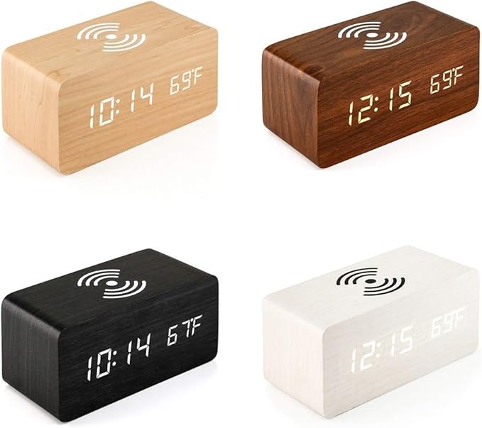 Wooden Digital Alarm Clock, with Charging Function, for Temperature for Bedroom Travel Desk Decoration, Desk Clocks for Bedside (Black)