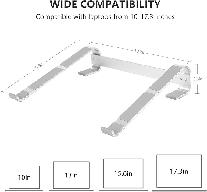 Laptop Stand for Desk, Ventilated Aluminum Laptop Riser, Silver | Stable Typing Support, Fixed 17° Angle, 2.5 in Lift, Silicone Pads, Open Airflow, Fits Most 11–16 in Laptops, Tool Included