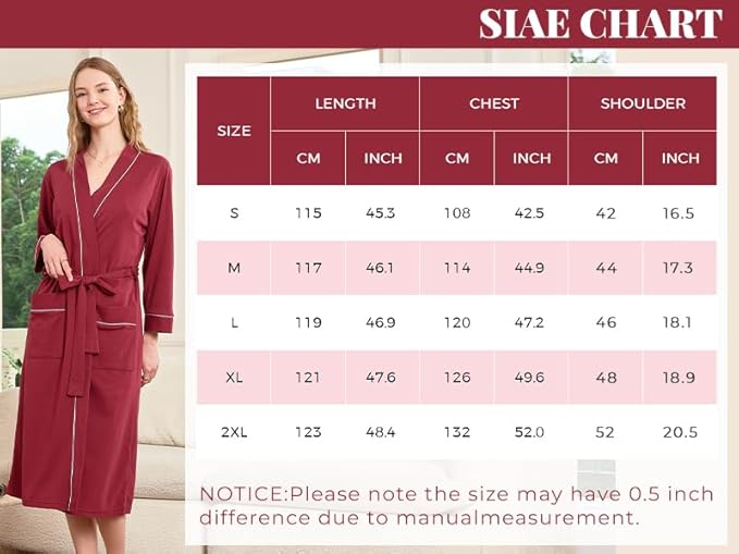 HEARTNICE Womens 100% Cotton Robe, Soft Kimono Spa Long Bathrobe Lightweight Loungewear