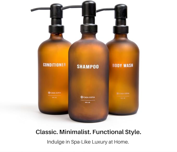 Frosted Amber Glass Shampoo and Conditioner Dispenser Set – Refillable 16 oz Pump Bottles with Concrete Tray – Luxury Bathroom Organization & Modern Shower Soap Dispensers