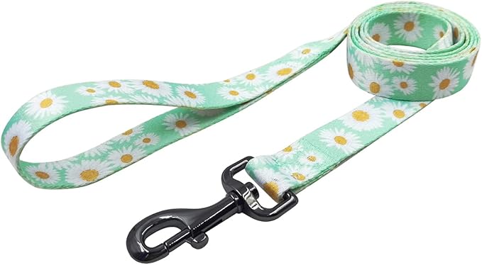 Dog Collar Leash Set, Floral Pattern, Polyester Material, Adjustable Collar and 5ft Matchcing Leash, for Large Dogs.(L, Light Green Daisy)
