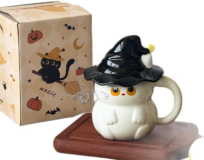 Coffee Mug Cups Ceramic Tea Cup Cute 3D Bichon Frise Dog Shaped Handmade Pottery Cute Mugs Handle Office Home Hot Ice Chocolate Milk Mugs Gifts Microwave Dishwasher Safe 14 Oz Travel Mug (White cat)