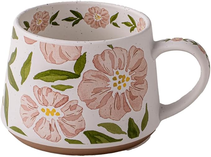 Large 24 oz Ceramic Coffee Mug with Handle, Vintage Coffee Cup, Extra Big Tea Cup for Office and Home, Dishwasher and Microwave Safe, Khaki with Red Flower,Perfect for Home and Work Gifts (12)
