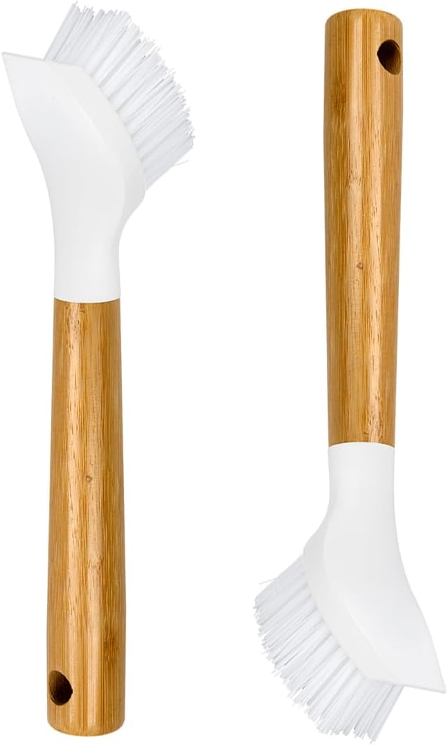 CELOX Bamboo Dish Scrubber Brush with Handle, 2 Pack Kitchen Brushes for Dishes