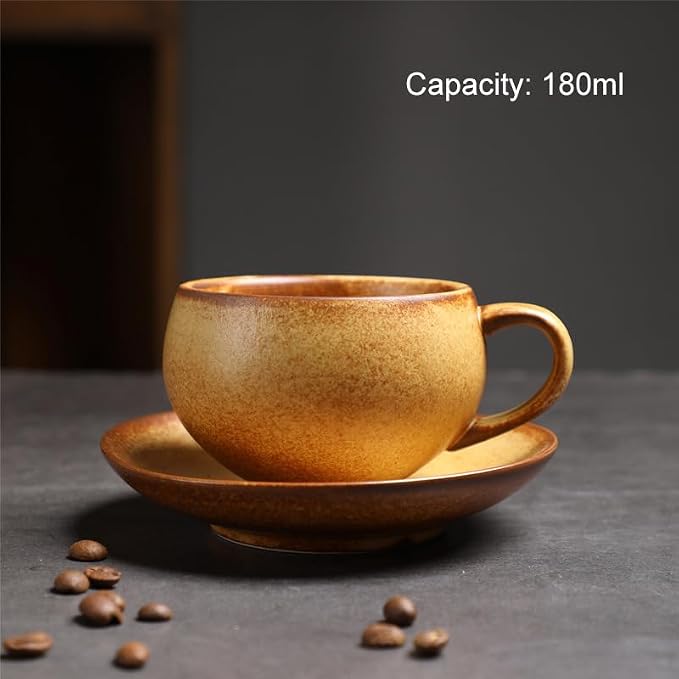 Rustic Kiln Glaze Textured Ceramic Coffee Mug with Saucer, Vintage Wabi Sabi Latte Tea Cup Multiple Styles, set of 1 (MIXED05)