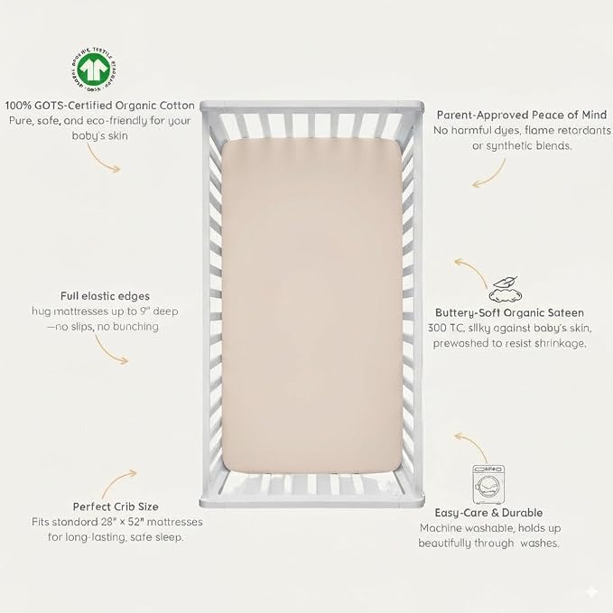 Makemake Organics GOTS Certified Organic Cotton Fitted Crib Sheet Soft Breathable (28"x52", Taupe)