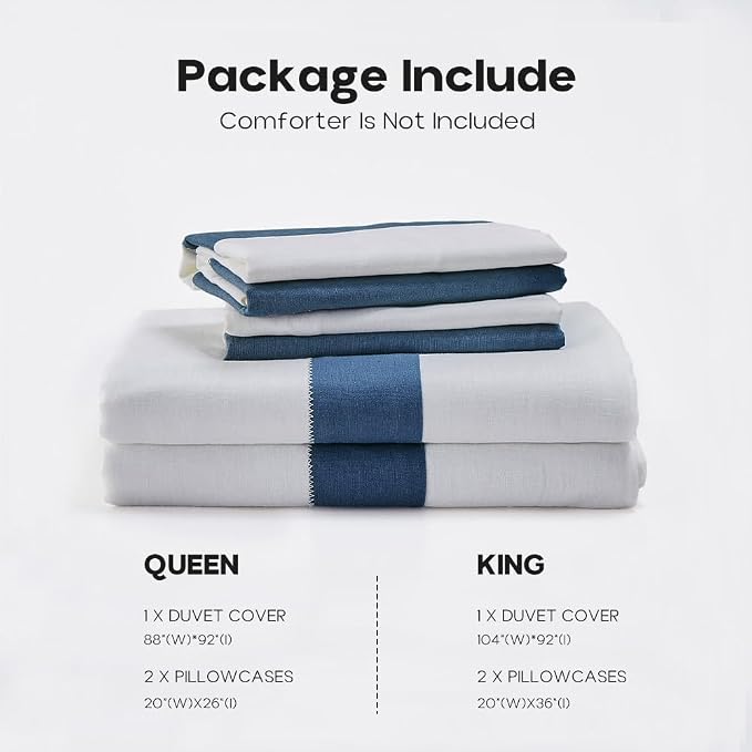Simple&Opulence French Linen Duvet Cover Set with Stripe 104”x92”, 3 Pieces(1 Comforter Cover and 2 Pillow Shams) Rustic Natural Flax Cotton Blend(King,White and Navy)