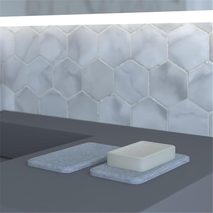 Pemberly Row Quick Dry Absorbent Diatomite Stone Soap Dish, 4 x 3 in, Gray Finish, Non-Slip, Moisture-Resistant Bathroom or Kitchen Counter Accessory