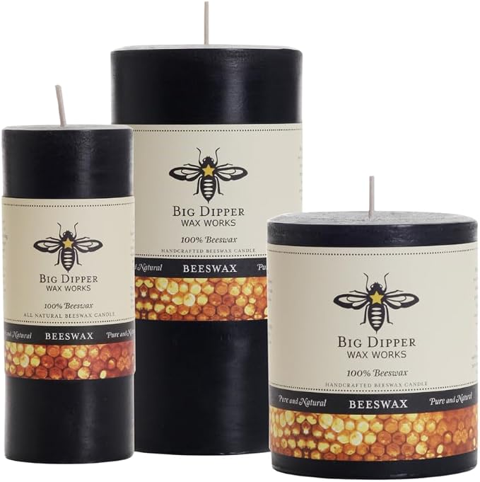 Big Dipper Wax Works Black Pillar Candle, 60-Hour Long Burn, Pure Beeswax Candle, 3" x 3.5”