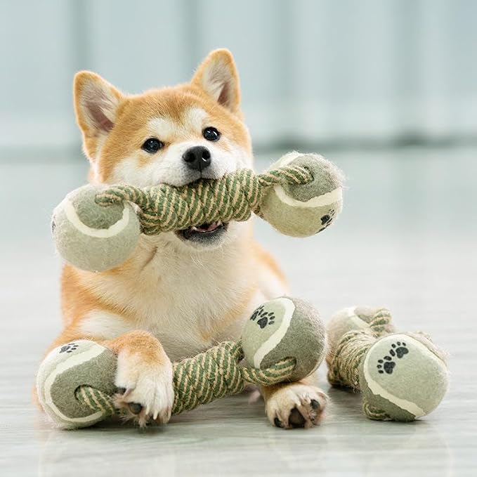 Dog Rope Toy (Pack of 2) with Tennis Balls – Durable Cotton Tug of War Dog Toy for Small, Medium & Large Dogs – Interactive Chew Rope Toy for Aggressive Chewers