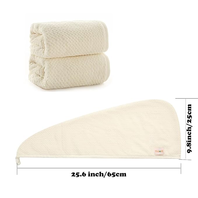 M-bestl 2 Pack Microfiber Hair Towel Wrap,Hair Drying Towel with Button, Absorbent and Soft,Anti-frizz Towel to Dry Hair Quickly(Beige&Beige)