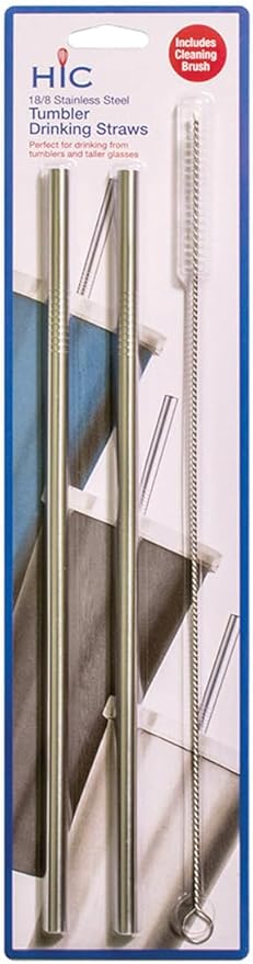 HIC Kitchen Reusable Tumbler Drinking Straws, 18/8 Stainless Steel, Set of 2 Straws with Cleaning Brush