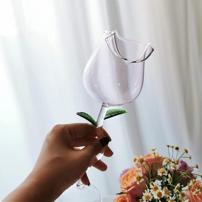 Rose Wine Glass Set of 2 Stemmed Drinking Wine Goblet (260ml, Blue & Pink) | Cocktail Champagne Flutes Classy Red Wine Party Dinner Wedding Festival Kitchen Bar Celebration Birthday Gift Housewarming