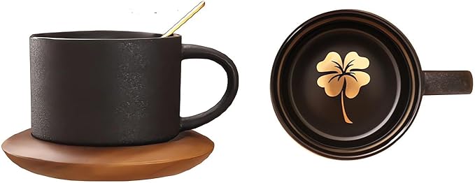 Ceramic Coffee and Tea Cup with Natural Acacia Wood Saucer (8 Oz), Best for Latte, Cappuccino, Tea or Espresso. Unglazed Porcelain Arty Mug (Four-leaf clover(Black))