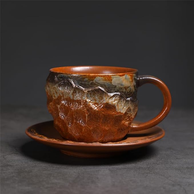 Handmade Irregular Ceramic Coffee Mug with Saucer, Kiln Flowing Glaze Wabi Sabi Latte Tea Cup Set, set of 1, 200ml (YUNSHI01)