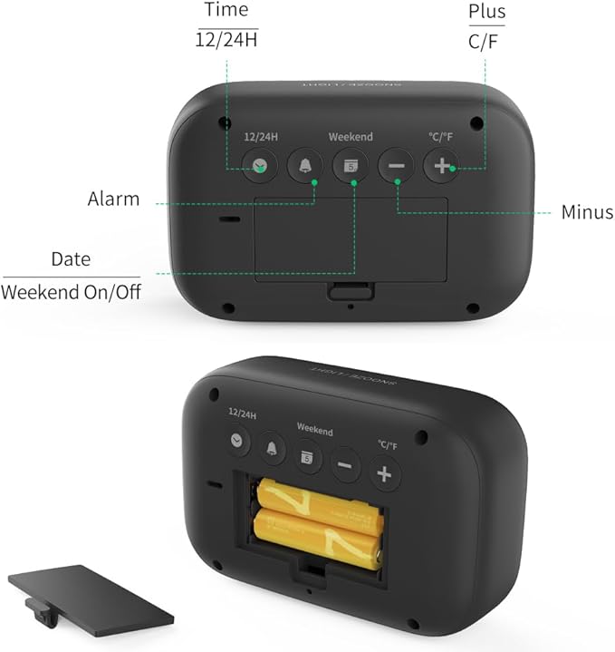 DOOMAY Digital Alarm Clock Bedside - Battery Powered Clock with LCD Display Volume Adjustable Snooze and Weekend Mode for Bedroom Office Desk Travel - Black