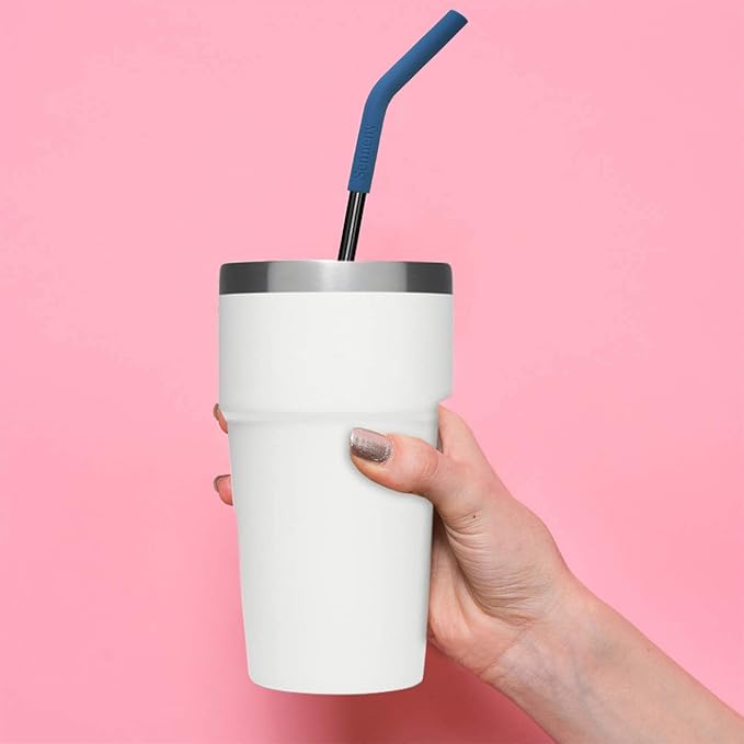Senneny Set of 5 Stainless Steel Straws with Silicone Flex Tips Elbows Cover, 2 Cleaning Brushes and 1 Portable Bag Included (Black)- 6mm diameter