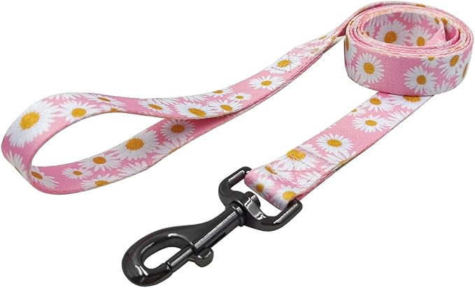 Dog Collar Leash Set, Floral Pattern, Polyester Material, Adjustable Collar and 5ft Matchcing Leash, for Puppy Dogs.(XS, Light Pink Daisy)