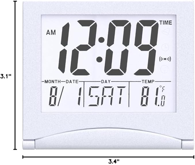 KANBIT Small Digital Travel Alarm Clock Battery Operated, Portable Large Number Display Loud Alarm Clock with Temperature, Night Backlight, 12/24 H Desk Clock -Silver (White Light)