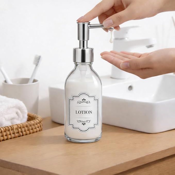 8 oz Clear Glass Pump Bottle, 250ml Small Lotion Dispenser Bottle for Body Massage Oil, Refillable Empty Hand and Dish Soap Dispensers Set with Plastic Silver Pump, Labels - 2 Pack
