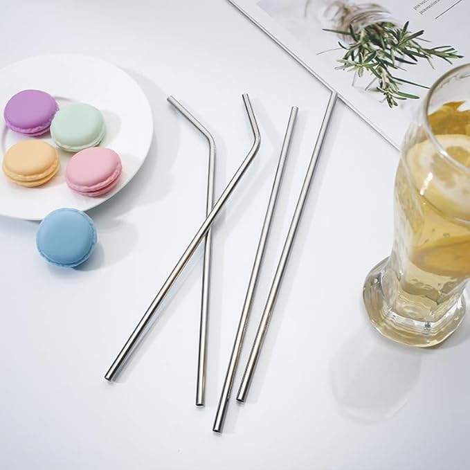 5 Pcs Stainless Steel Straws Set with Cleaning Brush, Reusable Stainless Steel Drinking Straws, Durable for All Beverages, Silver