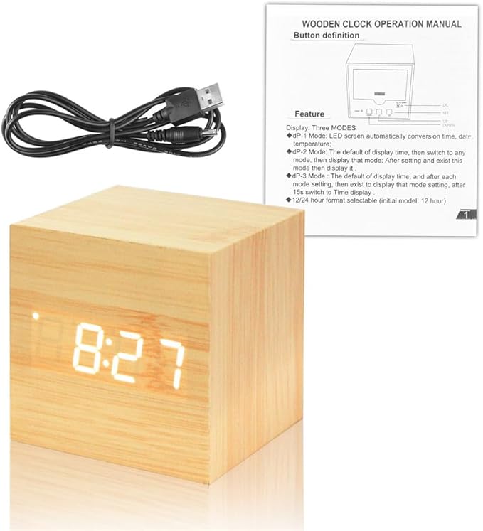 ThreeH Digital Alarm Clock,Wood Cube Little Clock with LED Time Calendar Temperature Display,Sound Control,Intelligent Induction,USB/Battery Powered Clock for Home Office AC10 Black_White