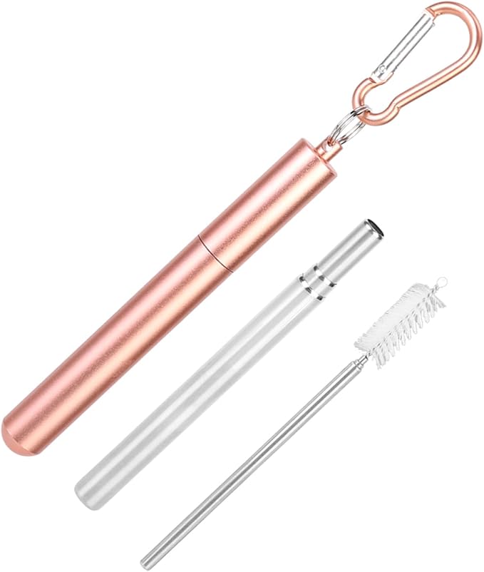 FTVOGUE Collapsible Stainless Steel Straw with Travel Case and Cleaning Brush for Tumblers Cups Smoothies Milkshakes Juice (Pink)