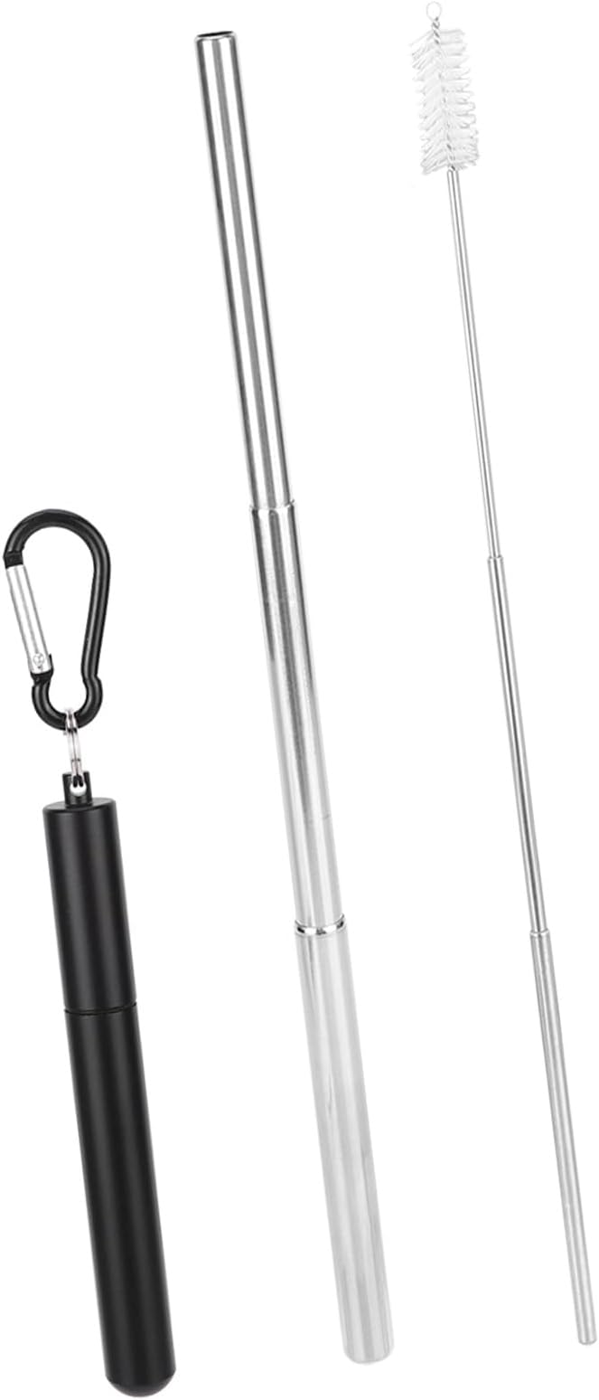 FTVOGUE Collapsible Stainless Steel Straw with Travel Case and Cleaning Brush for Tumblers Cups Smoothies Milkshakes Juice (Black)