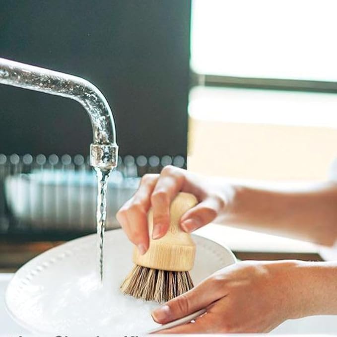 6 Packs Bamboo Dish Scrubber - Hard Bristle, Plastic Free Dish Brush Union Fiber and Tampico Fiber Bamboo Wok Brush for Washing Cast Iron Pan/Pot