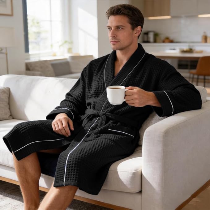 Inner Wish Men's Cotton Waffle Kimono Robe, Lightweight Soft Spa Shower Bathrobe, Hotel Lounge Robes for Men