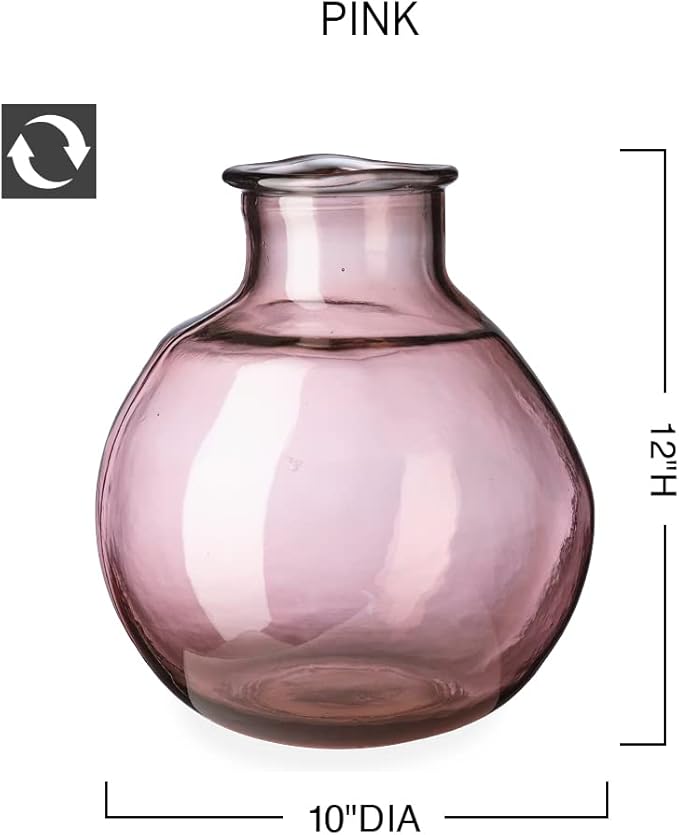 VivaTerra Recycled Oval Glass Balloon Vase – Handblown Glass Vases for Centerpieces – Unique Organic Shape in a Delicate Pink Color – Sustainable and Unique Home Decor (12" H x 10" Dia.)