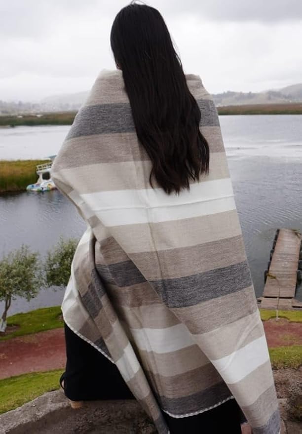 Alpaca Wool Throw Blanket, Natural Beige Striped, Queen (95" x 65") | Cozy, Ultra-Soft & Naturally Warm, Lightweight & Breathable, Non-Itchy, Perfect for Sofa, Bed or Travel
