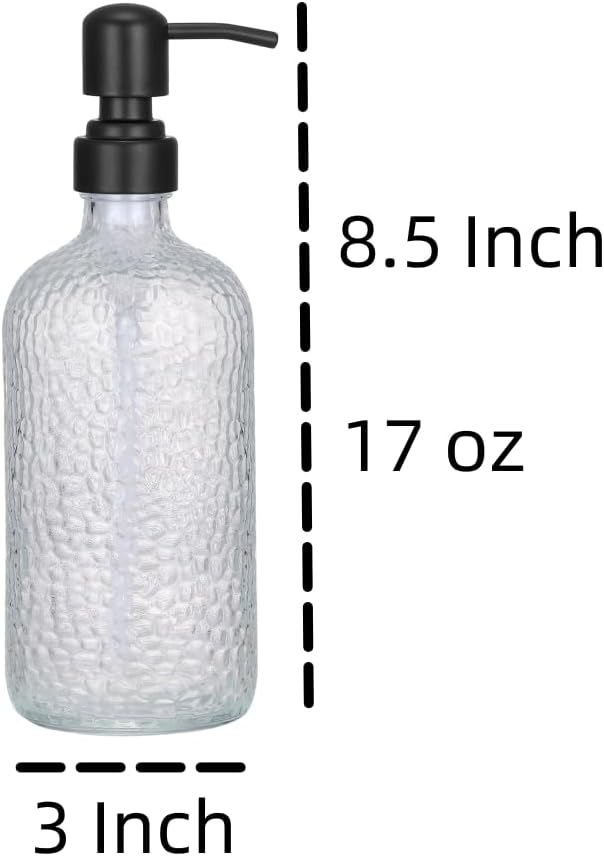 2-Pack Dimpled Finish Clear Glass Soap Dispensers with Matte Black Stainless Steel Pumps, 16 oz Refillable Bottles for Kitchen & Bathroom (Dimpled Finish-Black Pump)
