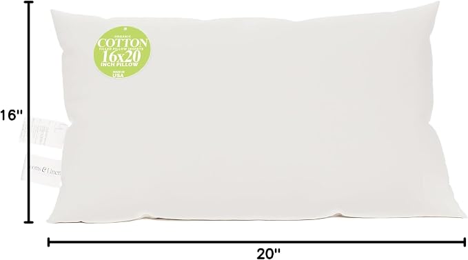 Looms & Linens Hypoallergenic Organic Cotton Pillow 16x20 inch Lumbar Pillow Insert with Twill Cotton Pillow Shell - 1 Pc Made in USA Boudoir Cushion